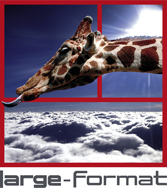 large-format Bildmarke: Giraffe im Rahmenraster über den Wolken