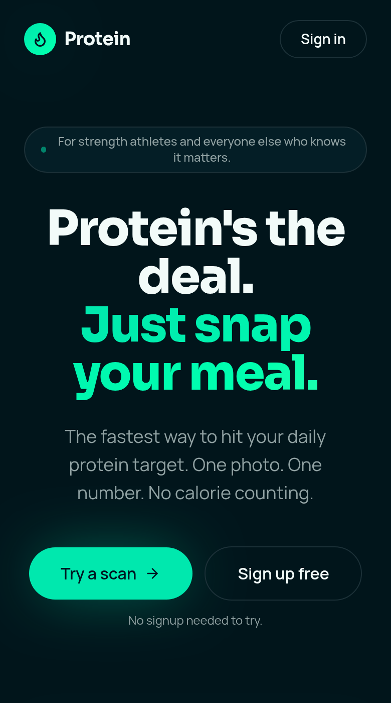 Start-Screen von ProteinSnap: «Protein's the deal. Just snap your meal.»